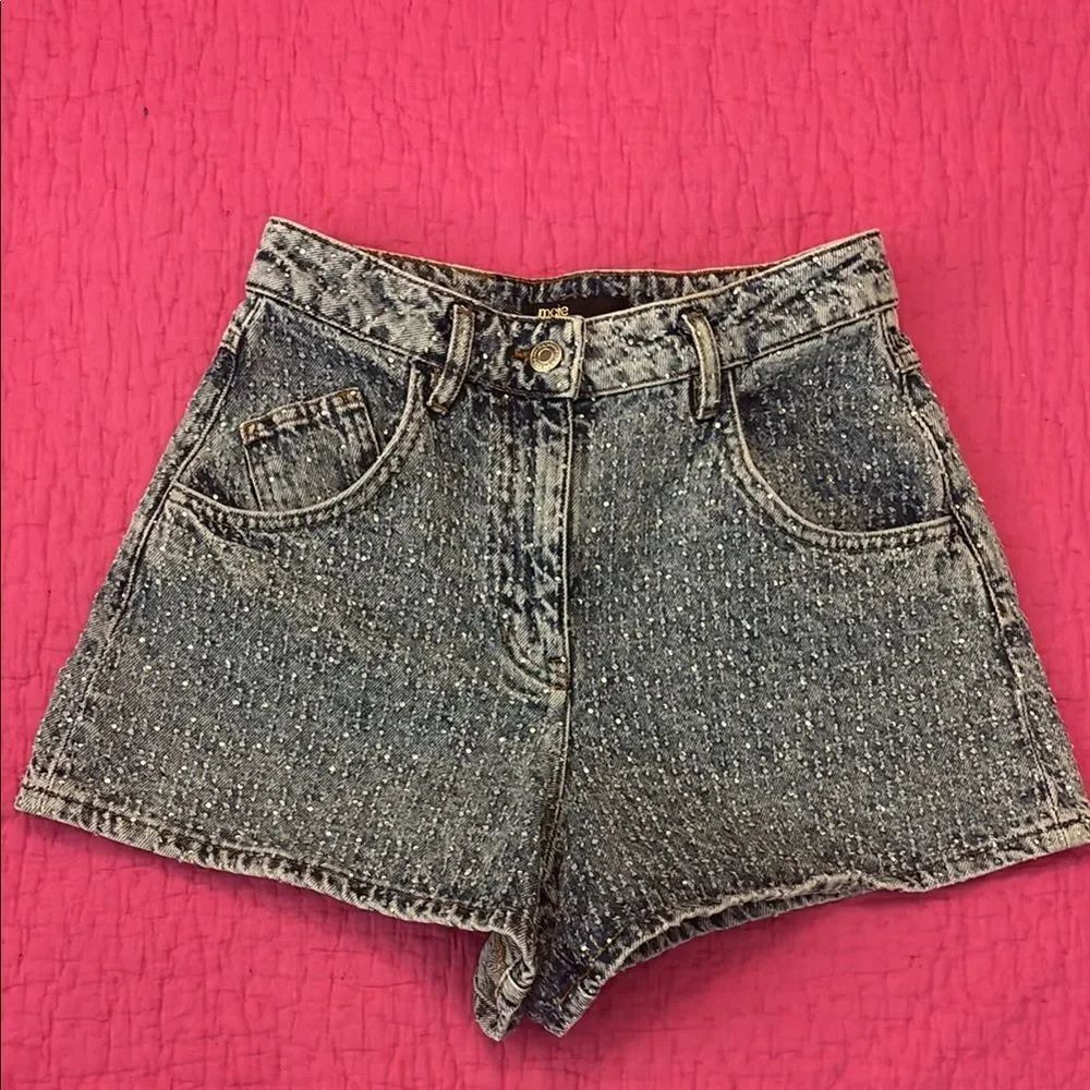 Maje Distressed Blue crystal Jean Shorts, US2